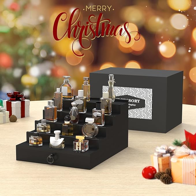 Cologne Organizer for Men, 5 Tier Black Cologne Shelf, Perfume Stand with Drawer and Hidden Compartment Perfume Display Holder - A Gift for Men