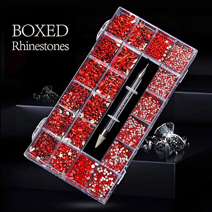 12 Types of Red 600 Diamonds + 2500 Flat Rhinestones Mix 20 Styles Flatback DIY Crafts Rhinestone Crystals 3D Decorations Flat Back Stones Set + Rhinestone Picker Wax Pen