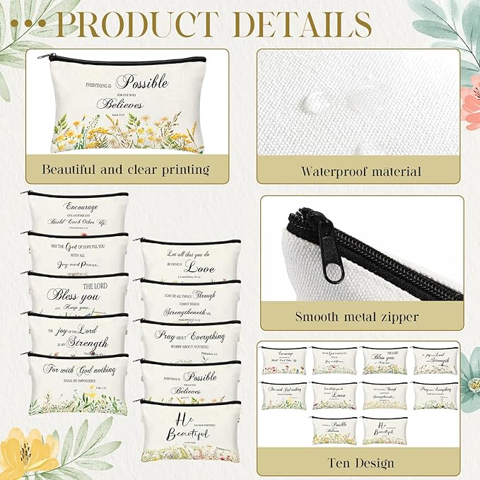 Jetec 30 Pcs Christian Gift for Women Religious Mother's Day Gifts Cosmetic Bags Inspirational Bible Verse Pencil Pouch Makeup Bags with Zipper for Travel Women Mother Sister(Elegant Style)