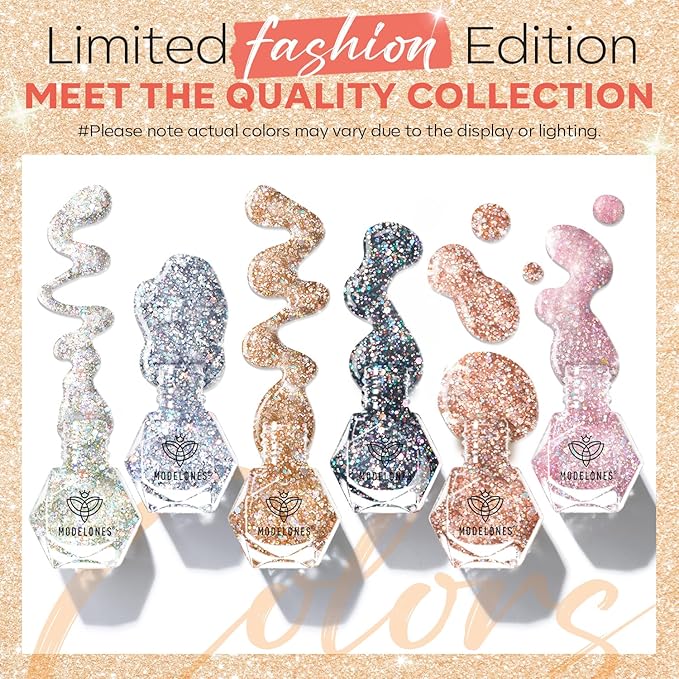 modelones Glitter Nail Polish 6 Colors Holographic Sparkle Glitter Mini Nail Polish Set Flash Diamond Black Silver Gold Quick Dry Manicure Diy Nail Art Salon Gift For Women Girl