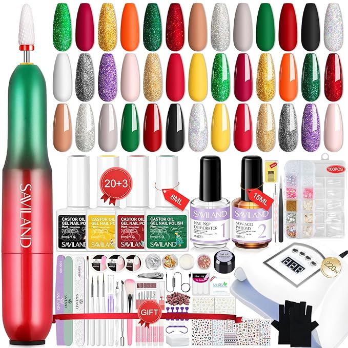 SAVILAND 82PCS Gel Nail Polish Kit with 220W UV Light: 20 Christmas Color Gel Polish 20000 RPM Nail Drill Nails Gloves Complete Tools Accosseries UV Soak-off Nail Kit for Home DIY Christmas Gift