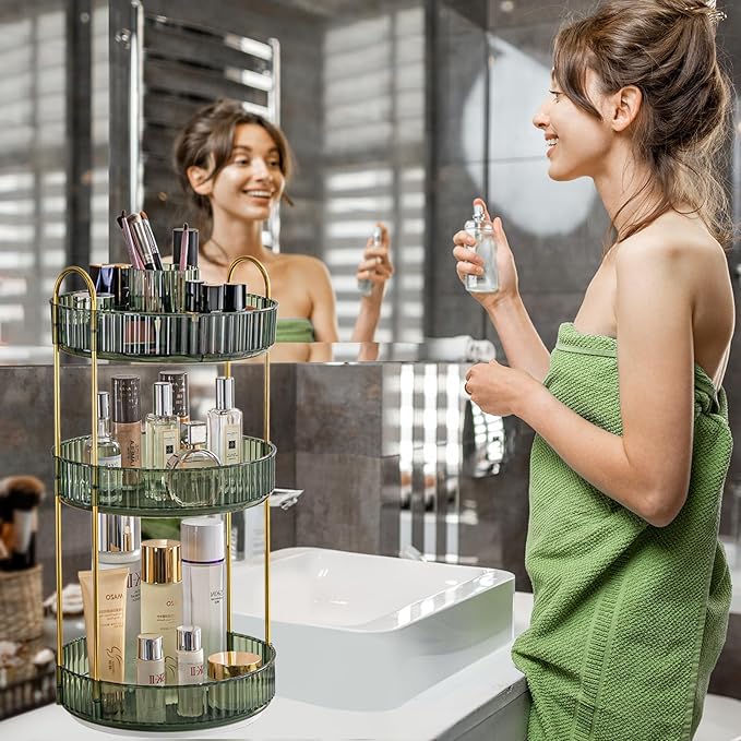 360° Rotating Makeup Organizer, Large-Capacity Skincare Make Up Storage 3 Tier Perfume Organizers Cosmetic Dresser Organizer with Makeup Brush Holder, Fits Bedroom, Bathroom, Vanity Shelf Countertop