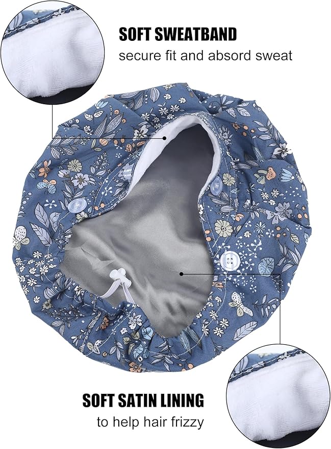 6 Pcs Satin Lined Scrub Caps Women Nurse Surgical Hat with Buttons Ponytail Working Adjustable Pouch Tie Back