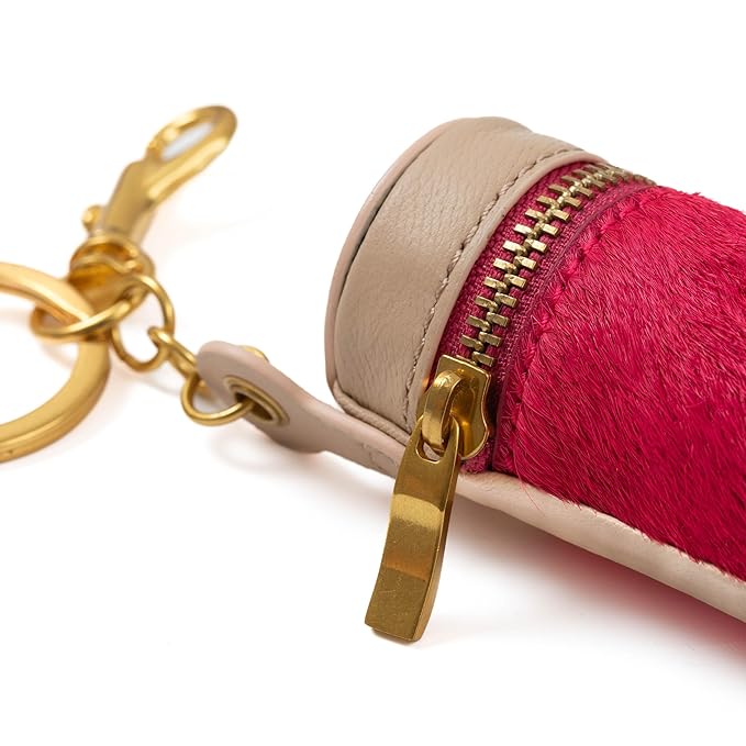 Cackatoo Genuine Leather Horsehair Lipstick Case with Keychain - Portable Travel Organizer for Lipstick and Chapstick - Stylish Key Chain Accessory for Women (Fuchsia/Beige)