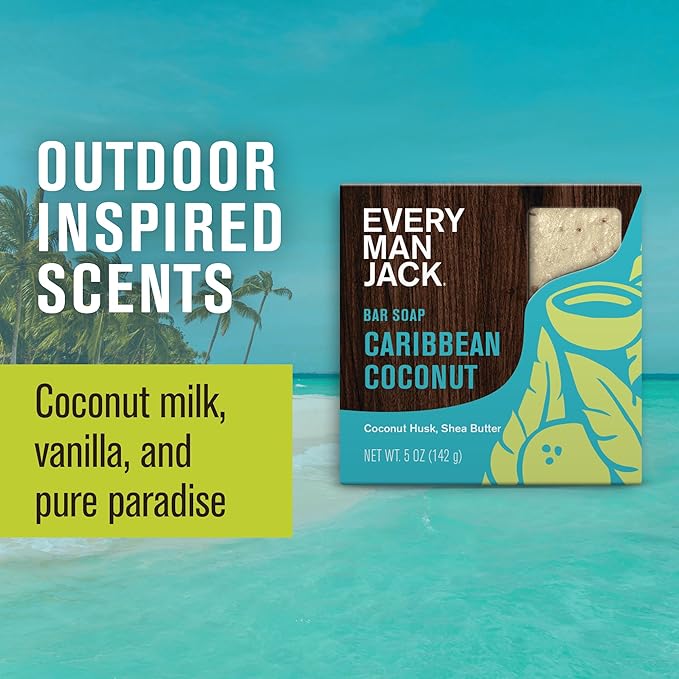 Every Man Jack Cold Processed Mens Bar Soap - Tropical Caribbean Coconut Scent - Deeply Cleans & Hydrates w/Naturally Derived Ingredients - (3 Pack)