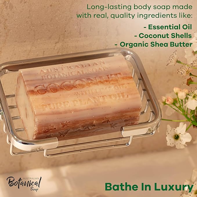 Australian Botanical Soap Coconut with Lime Oil 6.6 oz Triple Milled Luxury Soap Bar Enriched with Shea Butter, Coconut Shells, and Essential Oil, Pack of 1