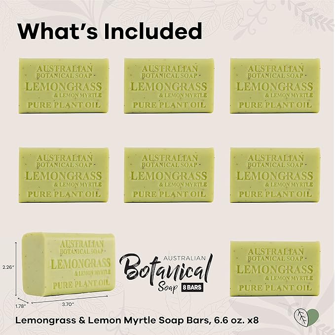 Australian Botanical Soap, 6.6 OZ, Lemongrass and Lemon Myrtle, Triple Milled Bars made with a Natural Soap Base and Enriched with Organic Shea Butter, Pack of 8
