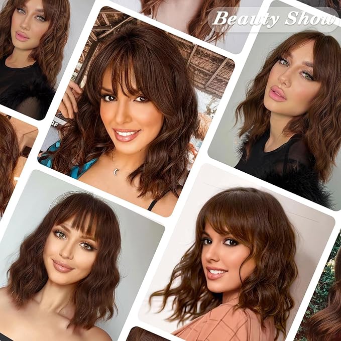 AISI HAIR Synthetic Wavy Curly Bob Wig with Bangs Ash Auburn Short Wavy Hair for Women Synthetic Heat Resistant Bob Wigs