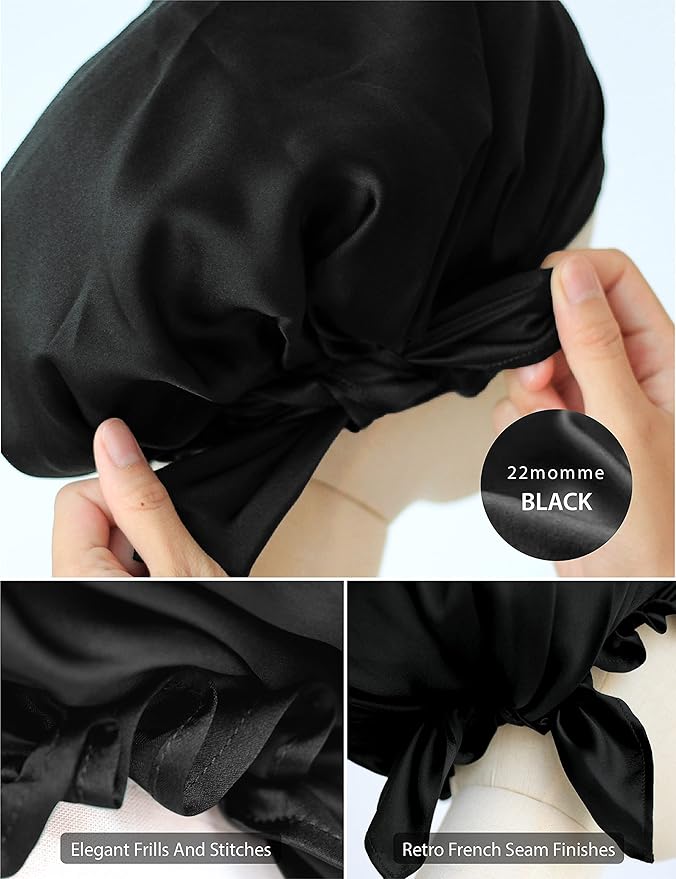 100% Silk Bonnet for Sleeping With Tie Band, Large Sleep Cap for Curly Hair, Wrap for Hair Care - Rich Black