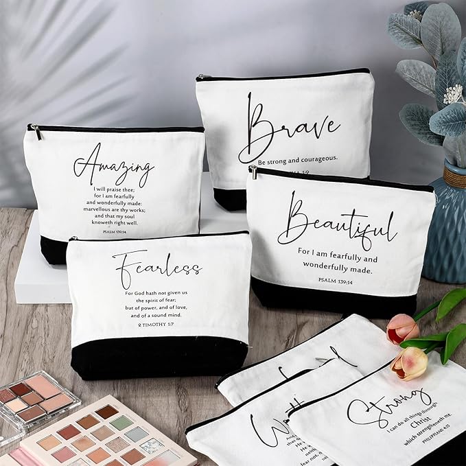 20 Pcs Christian Gifts for Women Religious Makeup Bags Cosmetic Inspirational Bible Verse Pencil Pouch with Zipper Mothers Day Thank You Church Gift Mom Travel Employee(White&black,Bible Words)