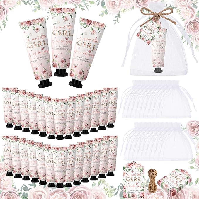 48 Sets Baby Shower Hand Cream Party Favors for Guests Gift Bulk Travel Size Hand Lotion Set for Baby Shower Wedding Christmas(Girl)