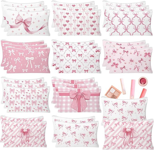 30pcs Pink Bow Makeup Bag Coquette Cosmetic Bags for Women Elegant Bow Preppy Pink Pouch Travel Toiletry Bag Bow Themed Gifts for Women Teens Teen Girls