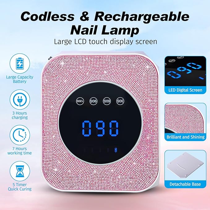 UV Nail Lamp, 72W Rechargeable LED Gel Nail Light Dryer for Gel Polish 4 Timer Modes Cordless Bling Pink Diamond Rhinestones for Salon & Home