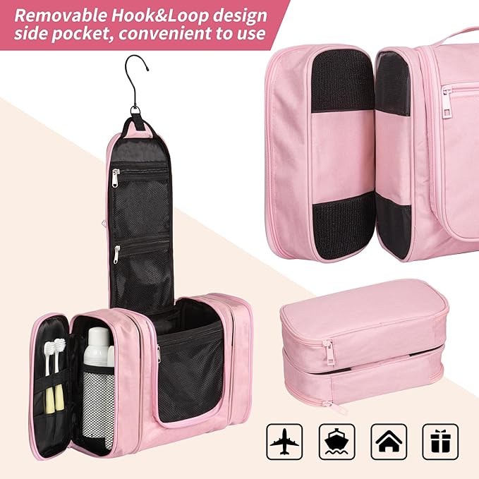 SPLF Extra Large Hanging Travel Toiletry Bag for Women, Water-resistant Toiletry Bags for Traveling, Makeup Cosmetic Bathroom Travel Bag for Toiletries, Shampoo, Full Sized Container- Pink
