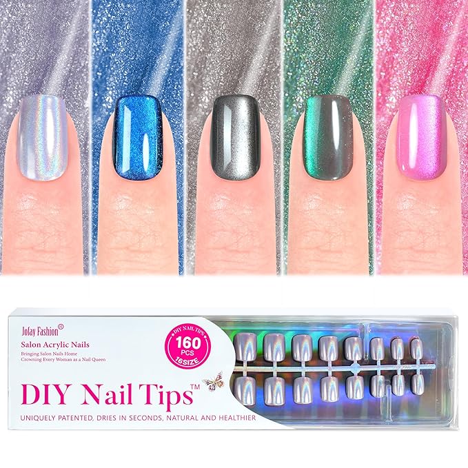 Cat Eye Press on Nails Short, Jofay Fashion Salon-Like Fake Nail with Blue Laser Gray Mystic Aurora Designs, False Nails Glue on Nails Reusable Full Cover Stick on Nails for Women, 160 Pcs