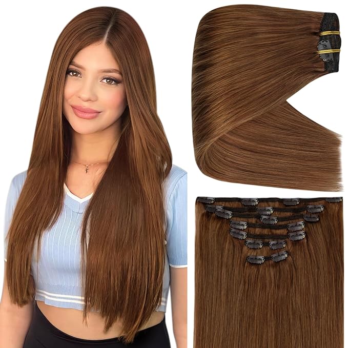 Full Shine 24 Inch Human Hair Clip in Extensions Auburn Brown Real Hair Extensions for Long Hair Straight Thick Remy Clip in Hair Extensions for Volume 7 Pcs 150 G