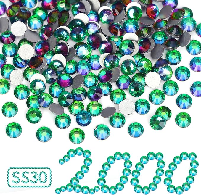 2000PCS Green Volcano Rhinestones Bulk, Flat Back Crystal Glass Stone Round Gems,SS30, 6.4-6.6mm
