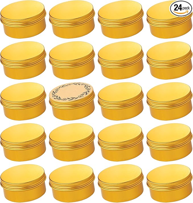 24 Pack 4oz/120ml Screw Top Aluminum Tin Jars with Screw Lids and Blank Labels - Refillable 120ml Metal Containers for Lip Balms, Candles, Salves, Spices, Crafts(Gold)