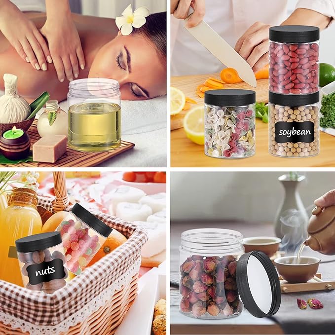 48PCS 8OZ Plastic Jars with Screw On Lids, Pen and Labels Refillable Empty Round Slime Cosmetics Containers for Storing Dry Food, Makeup, Slime, Honey Jam, Cream, Butter, Lotion