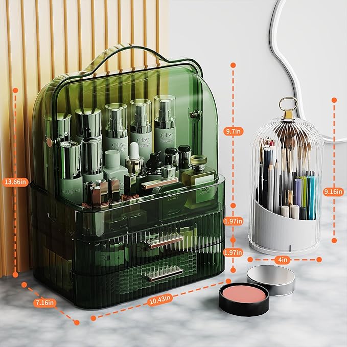 Makeup Organizers Skincare organizers with 2-Layer Storage Box and Transparent Cover Waterproof Dustproof Cosmetics Display Cases with Brush Holder for Countertop Vanity Bathroom Dresser Gift(Green)