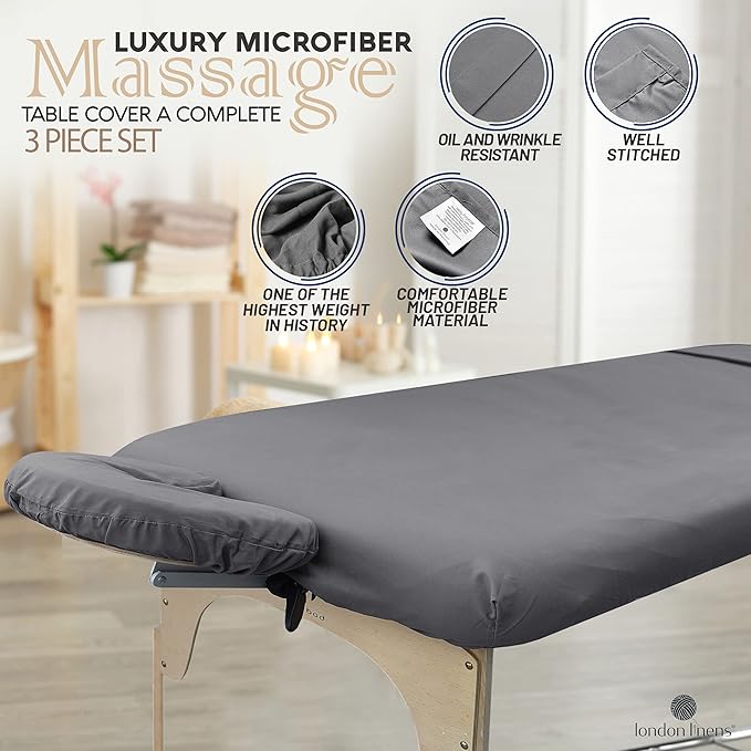 LONDON LINENS Soft Microfiber Massage Table Sheets Set 3 Piece Set - Includes Massage Table Cover, Massage Fitted Sheet, and Massage Face Rest Cover (Grey)