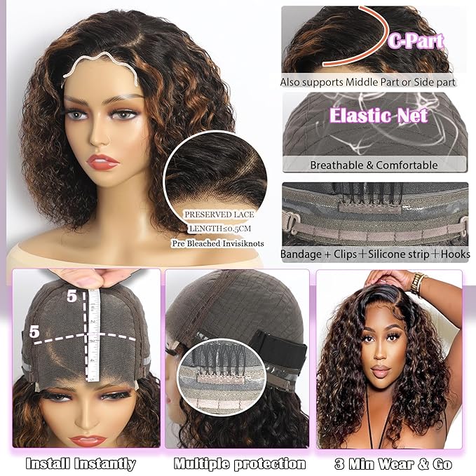 5×5 Closure Bob Wig Human Hair Glueless Wigs Human Hair Pre Plucked Pre Cut Short Curly Hair Wig Water Wave C Part Balayage Ombre Lace Frontal Wigs for Black Women P1B/30 18 Inch