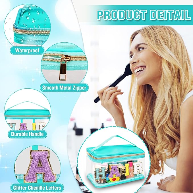 2 Pcs Chenille Letter Clear Makeup Bags FaceHair Pouch, Preppy Patch Travel Face Bag Zipper with Handle, Travel Hair Bags for Hair Stuff Waterproof Cosmetic Toiletry Storage for Women Girl(HAIR+FACE)