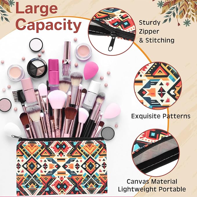 24 Pieces Makeup Bags Bulk Canvas Cosmetic Bags Purse Organizer Zipper Cosmetic Pouch Portable Travel Toiletry Pouch for Women Men Gifts, 7 x 4 Inch(Ethnic)