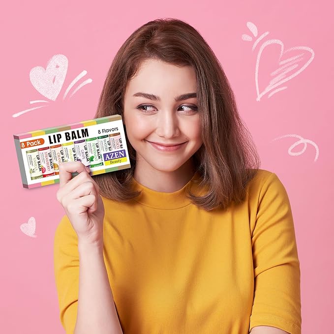 AZEN 8 Pack Lip Balm, Natural Lip Balm Bulk, Lip Care Product, Moisturizing Lip Balms for dry cracked lips - 8 Flavors