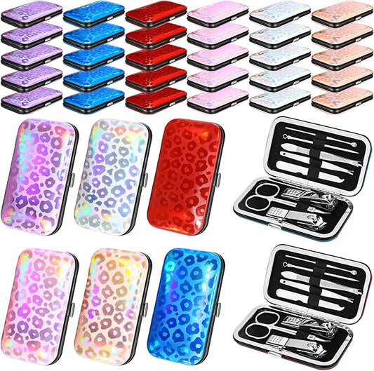 30 Sets Bulk Gifts for Women Manicure Set Bulk Professional Nail Care Kit Nail Clippers Kit 8 in 1 Stainless Steel Pedicure Set with Travel Case for Women Men(Laser Leopard Print)