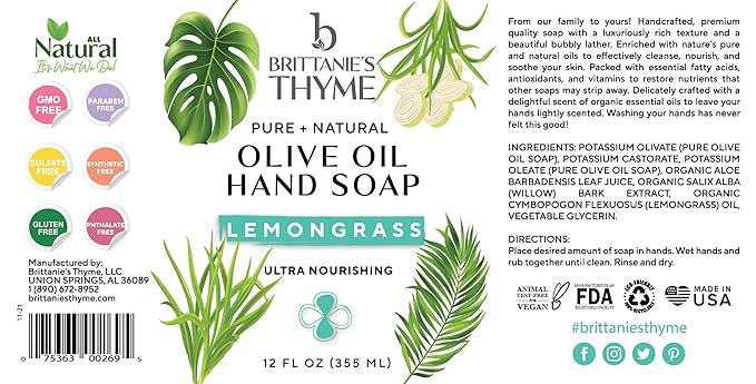 Brittanie’s Pure Castile Liquid Soap Refill, Lemongrass, 12 Ounce 3 Pack | Dish Soap, Hair & Body, Home, Gentle and Pure, Made with Natural Luxurious Oils, Vegan & Gluten Free Non-GMO