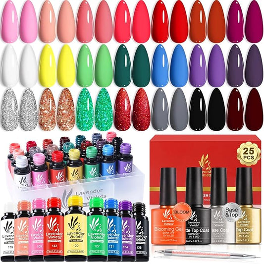 Lavender Violets Gel Nail Polish Set,Base,Glossy n Matte Top Coat,Blooming Gel Liner Pen Classical Solid Colors Nude Red Blue Glitter Sliver Green Gold French Nail Art Gifts for Women UV Varnish C997