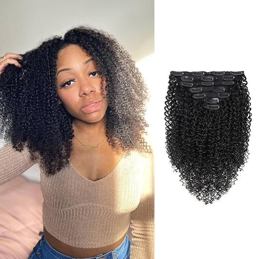 Clip in Hair Extensions Real Human Hair Kinky Curly Clip ins Hair Extensions for Women 7Pcs 120g/Set 24Inch Clip on Hair Extensions Double Weft Brazilian Remy Natural Black OQ Human Hair