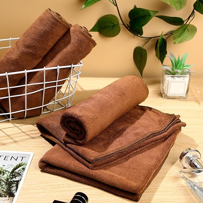 Newwiee 72 Pack Microfiber Bleach Proof Towels Bulk for Salon 18 x 30 Inch Dry Lint Free Hair Drying Hand Towels for Hair, Gym, Bath, Spa, Shaving, Barber(Brown)