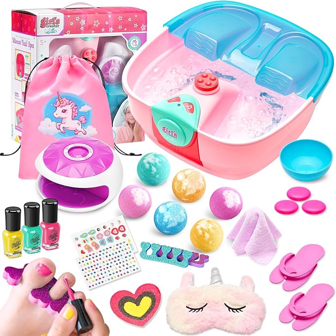 Kids Spa Day Kit for Girls,Girls Foot Spa with Nail Dryer & Bath Bombs,Kids Foot Spa with Music Foot Soak Tub & Nail Polish Set for Girls,Girls Toys Gifts for 6-12,Christmas Birthday Gifts