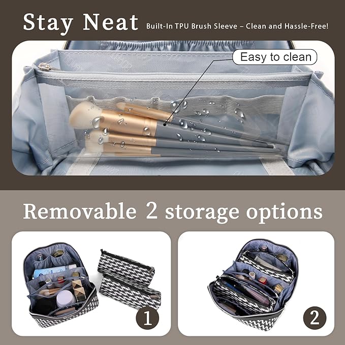 BOYATU Travel Makeup Bags for Women: Large Capacity Cosmetic Bag Set of 3 - Vegan Leather Make up Bags with Compartments - Wide Open Waterproof Toiletry Organizer Bag with Handle (E-04-Black)