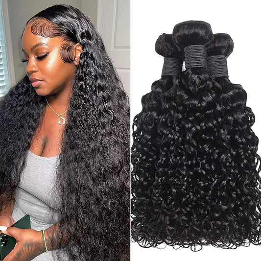 Water Wave Human Hair Bundles 12A Double Weft Deep Curly Wave Bundles 100% Unprocessed Brazilian Virgin Human Hair Natural Black Color Wet And Wavy Hair Extensions 26 28 30