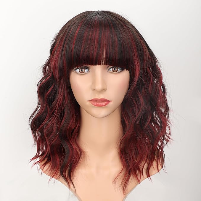 AISI HAIR Synthetic Wavy Curly Bob Wig with Bangs Brown Mix Wine Red Short Hair for Women Synthetic Heat Resistant Bob Wigs