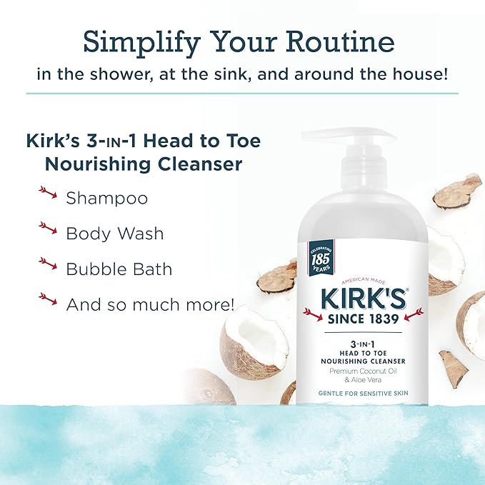 Kirk's 3-in-1 Head to Toe Nourishing Cleanser & Travel Size Bar Soap - for Men, Women & Children, Made with Premium Coconut Oil and Aloe Vera, Non-GMO & Vegan, Fragrance Free, 32 Fl Oz.