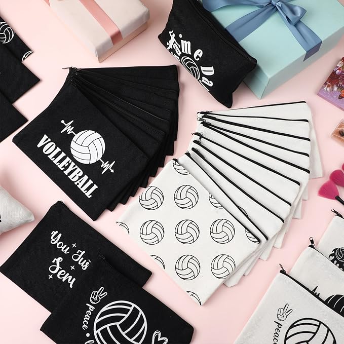 Irenare 30 Pcs Volleyball Cosmetic Bag Gifts for Women Stuff Volleyball Players Teams Travel Pouch Canvas Makeup Bags for Team Gifts(Black, White,Volleyball)
