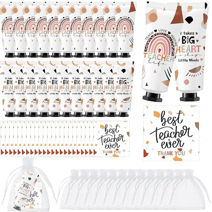 24 Sets Teacher's Day Teacher Appreciation Gifts Include Hand Cream Bulk Organza Bags Thank You Tags Inspirational Gift for Women Girls Party Supplies