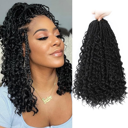 14 Inch Goddess Box Braids Crochet Hair Curly Ends 9 Packs Pre Looped Boho Crochet Box Braids Bohemian Box Braid Crochet Hair For Black Women (14Inch 9 Packs,1B)