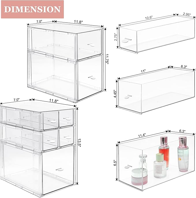 Homecor Stackable Storage Drawers Set of 7, Bathroom Makeup Organizer,Bathroom Organizers and Storage, Clear Cosmetic Storage Box For Vanity, Skincare, Undersink, Kitchen Organization (2L+M+4S)