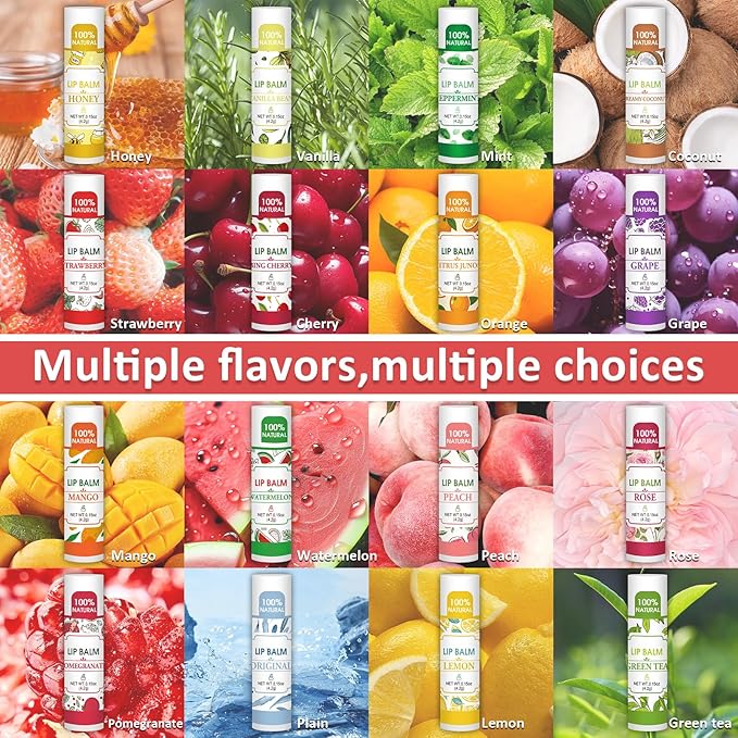 64 Pack Lip Balm, Natural Lip Balm Bulk with Vitamin E and Coconut Oil, Bulk Moisturizing Lip Balms for Dry Lips-16 Flavors