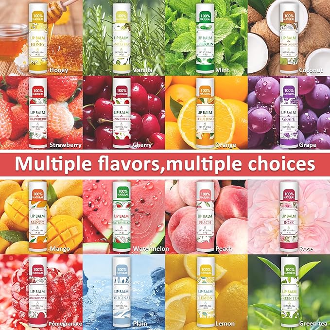 32 Pack Lip Balm, Natural Lip Balm Bulk with Vitamin E and Coconut Oil, Bulk Lip Balms for Dry Lips-16 Flavors