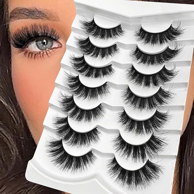 NINGLASH Lashes Strips Cat Eye Fluffy False Eyelashes 18mm Lash Pack Full Wispy Lashes 9D Volume Curly Fake Eyelash 7 Pairs Thick Faux Mink Lashes Multipack