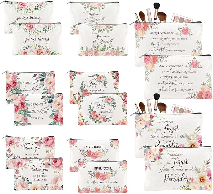 16PCS Canvas Cosmetic Bag Bulk Inspirational Quotes Makeup Bags Encouragement Travel Pouch Zipper Cosmetic Pouch Appreciation Gift for Women Teacher Friend Birthday Graduation(Flower)