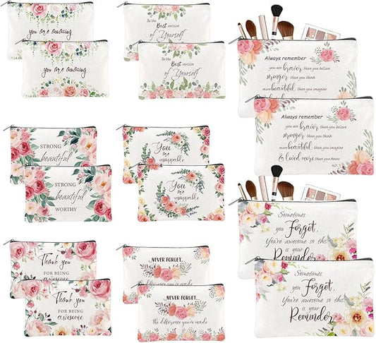 16PCS Canvas Cosmetic Bag Bulk Inspirational Quotes Makeup Bags Encouragement Travel Pouch Zipper Cosmetic Pouch Appreciation Gift for Women Teacher Friend Birthday Graduation(Flower)