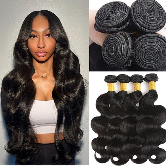 Body Wave Human Hair Bundles 26 26 28 28 Inch 12A Body Wave100% Unprocessed Brazilian Virgin Hair 4 Bundles Weave Bundles Deals Real Human Hair Natural Black Color