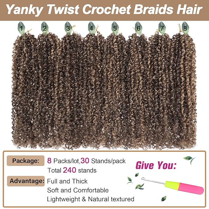 COOKOO 8 Bundles/Lot 12 Inch Bohemian Yanky Twist Crochet Hair Mix Blonde Pre-Twisted Crochet Passion Twist Hair with Curls Pre Looped Small Curly Twist Crochet Hair for Senegalese Twist Braids 4H27#